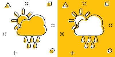 Vector cartoon weather forecast icon in comic style. Sun with clouds concept illustration pictogram. Cloud with rain business splash effect concept.