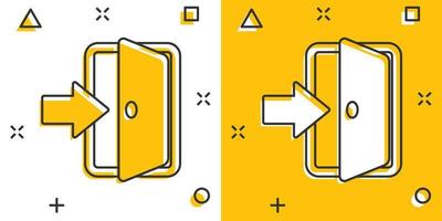 icono de la puerta de entrada de dibujos animados vectoriales en estilo cómico. Pictograma de ilustración del concepto de puertas de salida. concepto de efecto de salpicadura de negocio de entrada de puerta. vector