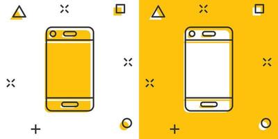 icono de signo de dispositivo de teléfono en estilo cómico. ilustración de dibujos animados de vector de teléfono inteligente sobre fondo blanco aislado. efecto de salpicadura del concepto de negocio telefónico.