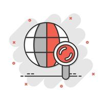 icono de búsqueda de globo en estilo cómico. ilustración de vector de dibujos animados de navegación de red sobre fondo blanco aislado. concepto de negocio de efecto de salpicadura de lupa de geografía global.