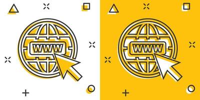 Vector cartoon go to web icon in comic style. Globe world sign illustration pictogram. WWW url business splash effect concept.