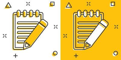 Vector cartoon document with pencil icon in comic style. Note with pen sign illustration pictogram. Notebook business splash effect concept.