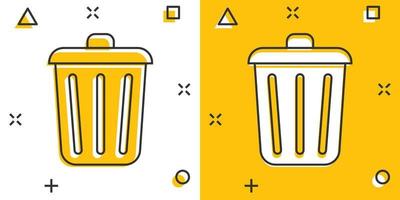 Trash bin garbage icon in comic style. Trash bucket vector cartoon illustration pictogram. Garbage basket business concept splash effect.