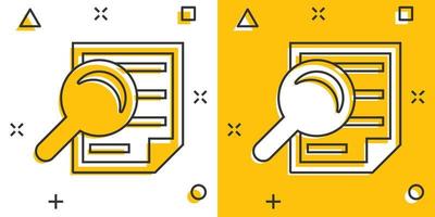 Scrutiny document plan icon in comic style. Review statement vector cartoon illustration pictogram. Document with magnifier loupe business concept splash effect.