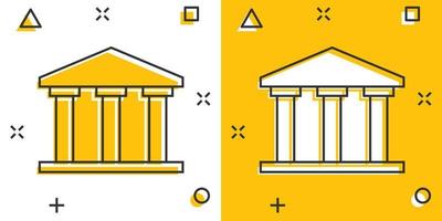 icono de edificio de banco en estilo cómico. Pictograma de ilustración de dibujos animados de vector de arquitectura de gobierno. efecto de salpicadura del concepto de negocio exterior del museo.