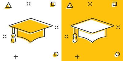 Graduation hat icon in comic style. Student cap cartoon vector illustration on white isolated background. University splash effect business concept.