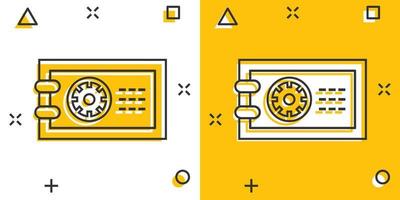 icono de dinero seguro en estilo cómico. Ilustración de vector de dibujos animados de caja fuerte sobre fondo blanco aislado. concepto de negocio de efecto de salpicadura de seguridad financiera.