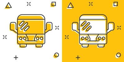 icono de autobús en estilo cómico. ilustración de vector de dibujos animados de entrenador sobre fondo blanco aislado. concepto de negocio de efecto de salpicadura de vehículo autobus.