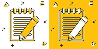 Vector cartoon document with pencil icon in comic style. Note with pen sign illustration pictogram. Notebook business splash effect concept.