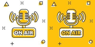 Microphone icon in comic style. Live broadcast vector cartoon illustration on white isolated background. On air business concept splash effect.