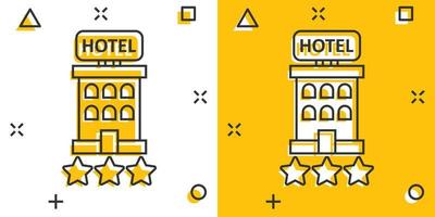 icono de signo de hotel 3 estrellas en estilo cómico. Posada edificio ilustración vectorial de dibujos animados sobre fondo blanco aislado. concepto de negocio de efecto de salpicadura de habitación de albergue. vector