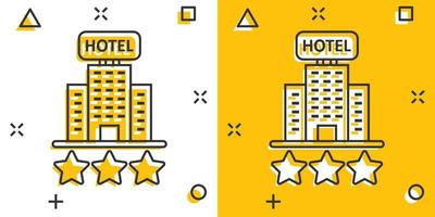 icono de signo de hotel 3 estrellas en estilo cómico. Posada edificio ilustración vectorial de dibujos animados sobre fondo blanco aislado. concepto de negocio de efecto de salpicadura de habitación de albergue. vector