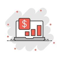 Laptop computer chart icon in comic style. Money diagram cartoon vector illustration on white isolated background. Financial process splash effect business concept.