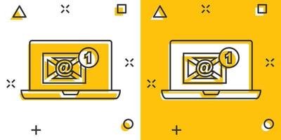 Vector cartoon email envelope message icon in comic style. Mail sign illustration pictogram. Laptop computer business splash effect concept.