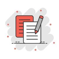 Document note with pen icon in comic style. Paper sheet pencil cartoon vector illustration on white background. Notepad document splash effect business concept.