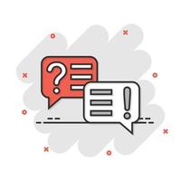 Question and answer icon in comic style. Dialog speech bubble cartoon vector illustration on white isolated background. Forum chat splash effect business concept.