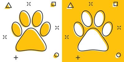 Vector cartoon paw print icon in comic style. Dog, cat, bear paw sign illustration pictogram. Animal foot business splash effect concept.