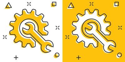 Vector cartoon service tool icon in comic style. Cogwheel with wrench sign illustration pictogram. Workshop business splash effect concept.