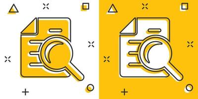 Scrutiny document plan icon in comic style. Review statement vector cartoon illustration pictogram. Document with magnifier loupe business concept splash effect.