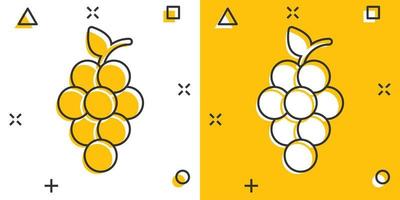 icono de signo de frutas de uva en estilo cómico. ilustración de dibujos animados de vector de vid sobre fondo blanco aislado. efecto de salpicadura de concepto de negocio de uvas de vino.