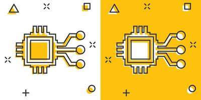 Computer chip icon in comic style. Circuit board cartoon vector illustration on white isolated background. Cpu processor splash effect business concept.