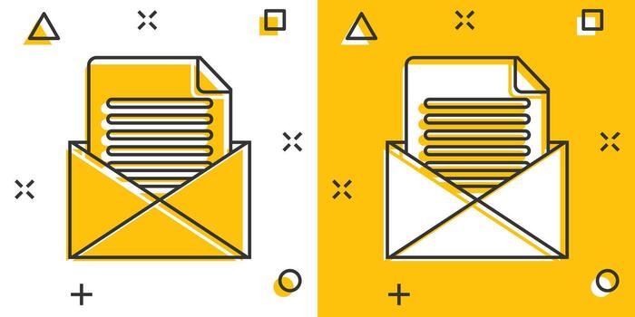Mail envelope icon in comic style. Email message vector cartoon illustration pictogram. Mailbox e-mail business concept splash effect.