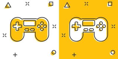 icono de signo de joystick en estilo cómico. ilustración de dibujos animados de vector de gamepad sobre fondo blanco aislado. Efecto de salpicadura de concepto de negocio de controlador de consola de juegos.