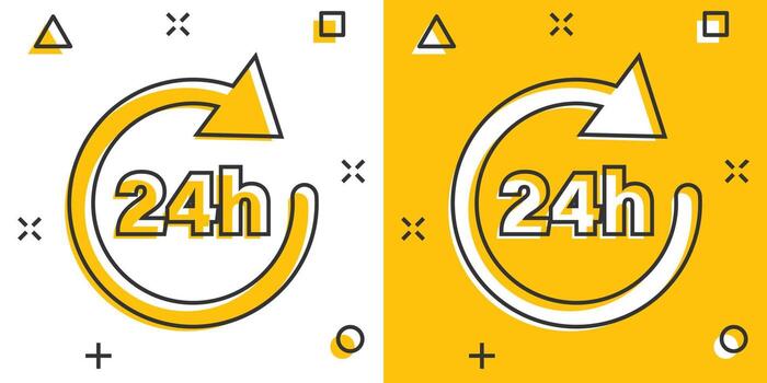 24 hours clock sign icon in comic style. Twenty four hour open vector cartoon illustration on white isolated background. Timetable business concept splash effect.