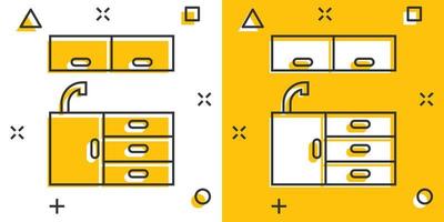 icono de muebles de cocina en estilo cómico. ilustración de vector de dibujos animados de cocina sobre fondo blanco aislado. concepto de negocio de efecto de salpicadura de sala de cocina.