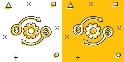 icono de optimización de dinero en estilo cómico. Ilustración de vector de dibujos animados eficaz de engranaje sobre fondo blanco aislado. concepto de negocio de efecto de salpicadura de proceso financiero.