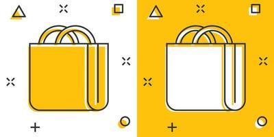 Shopping bag icon in comic style. Handbag cartoon sign vector illustration on white isolated background. Package splash effect business concept.