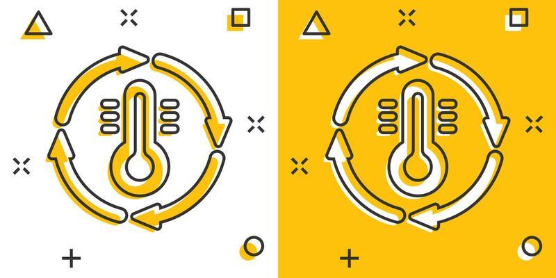 Thermometer climate control icon in comic style. Meteorology balance cartoon vector illustration on white isolated background. Hot, cold temperature splash effect business concept.