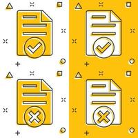 Document accepted and damaged icon in comic style. Correct, broken cartoon vector illustration on white isolated background. Check message splash effect business concept.