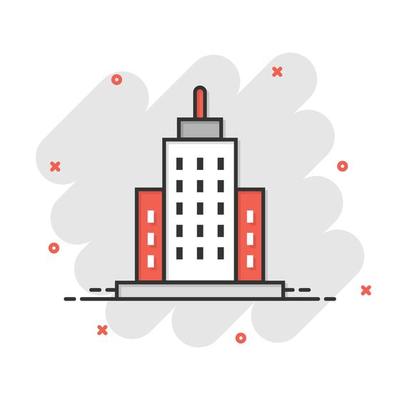 Building icon in comic style. Town skyscraper apartment cartoon vector illustration on white isolated background. City tower splash effect business concept.