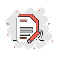 Blogging icon in comic style. Document with pen cartoon vector illustration on white isolated background. Content splash effect business concept.