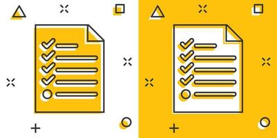 Cartoon checklist icon in comic style. Document check illustration pictogram. Diagram graph sign splash business concept. vector