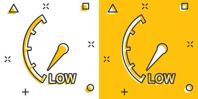 Cartoon low level icon in comic style. Speedometer, tachometer sign illustration pictogram. Risk meter splash business concept. vector