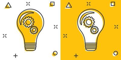 Cartoon light bulb with gear icon in comic style. Idea illustration pictogram. Lamp sign splash business concept. vector