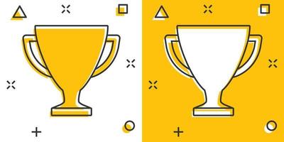 Vector cartoon trophy cup icon in comic style. Winner sign illustration pictogram. Award prize business splash effect concept.