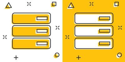 base de datos de dibujos animados vectoriales, icono del servidor en estilo cómico. pictograma de ilustración de signo de almacenamiento. concepto de efecto de salpicadura de negocio de servidor. vector