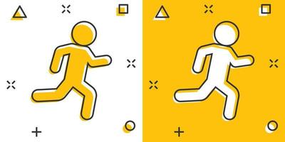 Running people sign icon in comic style. Run silhouette vector cartoon illustration on white isolated background. Motion jogging business concept splash effect.