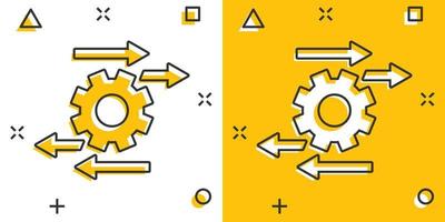 icono de proceso en estilo cómico. flecha y engranaje ilustración vectorial de dibujos animados sobre fondo blanco aislado. concepto de negocio de efecto de salpicadura de optimización. vector