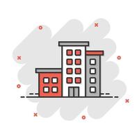 icono de signo de edificio de oficinas en estilo cómico. ilustración de vector de dibujos animados de apartamento sobre fondo aislado. concepto de negocio de efecto de salpicadura de arquitectura.