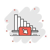 Market trend icon in comic style. Decline arrow with magnifier cartoon vector illustration on white isolated background. Decrease splash effect business concept.