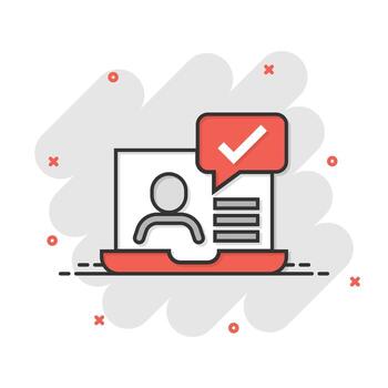 personas con icono de computadora portátil en estilo cómico. Ilustración de vector de dibujos animados de marca de verificación de usuario de pc sobre fondo blanco aislado. concepto de negocio de efecto de salpicadura de administrador de oficina.