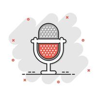 Microphone icon in comic style. Studio mike cartoon vector illustration on white isolated background. Audio record splash effect business concept.