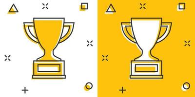 Vector cartoon trophy cup icon in comic style. Winner sign illustration pictogram. Award prize business splash effect concept.