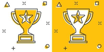 Vector cartoon trophy cup icon in comic style. Winner sign illustration pictogram. Award prize business splash effect concept.