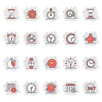 Time icon set in comic style. Agenda clock cartoon vector illustration on white isolated background. Sandglass, wristwatch timer splash effect business concept.