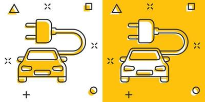 icono de coche eléctrico de dibujos animados vectoriales en estilo cómico. Pictograma de ilustración de vehículo de automóvil eléctrico. concepto de efecto de salpicadura de sedán de coche ecológico. vector